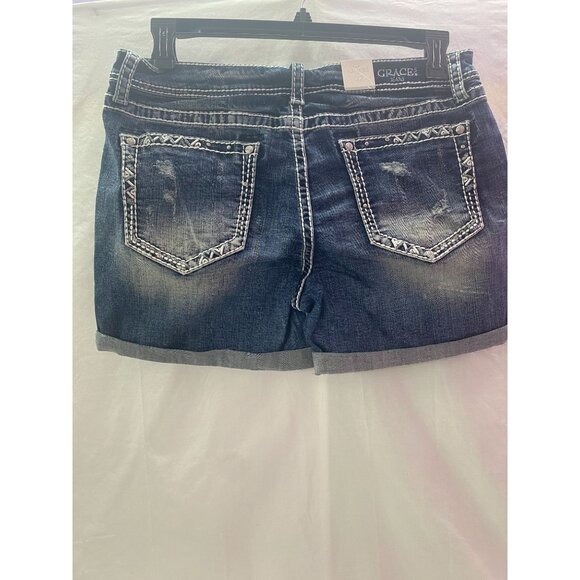 Nwt Grace in LA Women's Embellished Pocket Denim SZ 32 Easy Fit Distressed Short - Picture 3 of 15